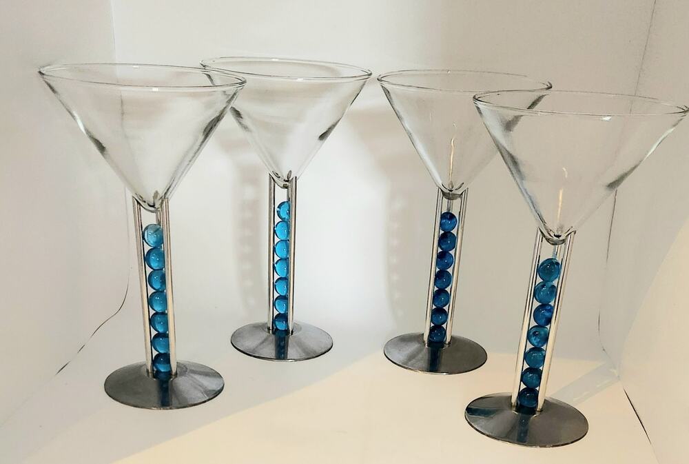 4 Patricia Heaton Bombay Sapphire Martini Glasses Blue Beads 1999 Artglass